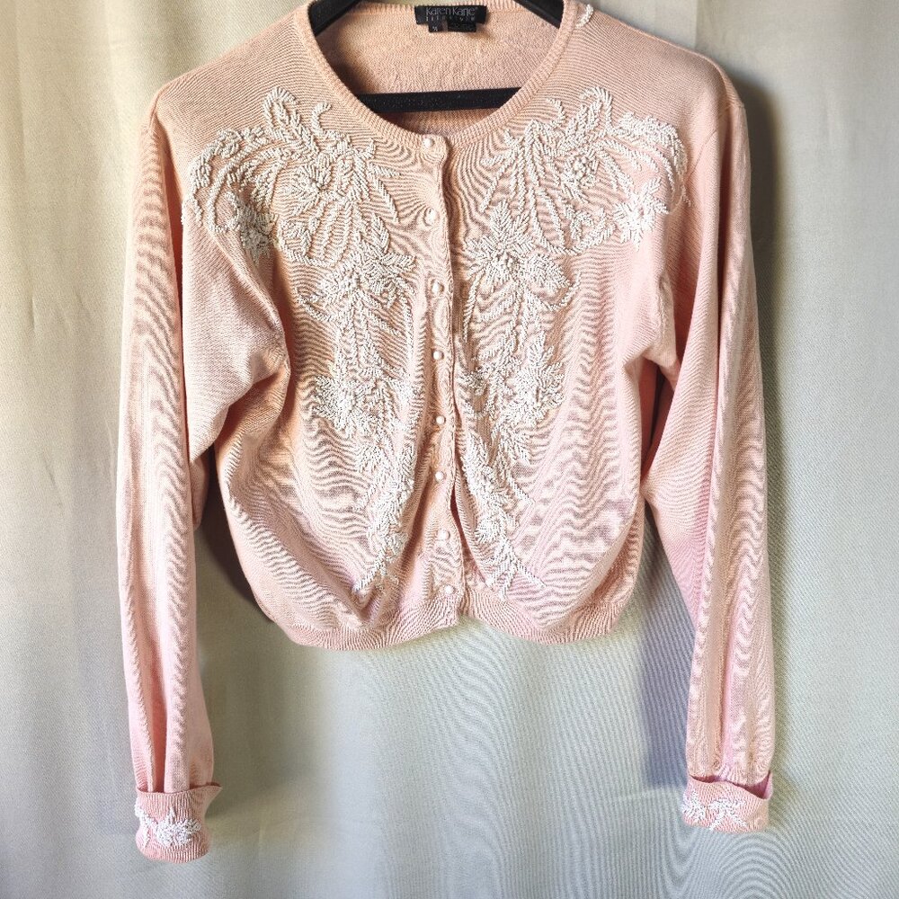 Karen Kane Lifestyle Light Peach Hand Beaded Cardigan Size M Vintage 1990's